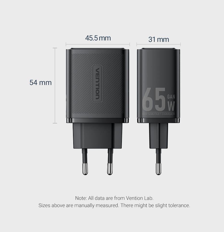 Зарядное устройство для Vention GaN III 2x Type-C/USB 65W 3-портовый A+2C быстрая зарядка Черный (FERB0-EU) - фото 12 Зарядное устройство для Vention GaN III 2x Type-C/USB 65W 3-портовый A+2C быстрая зарядка Черный (FERB0-EU) - фото 12