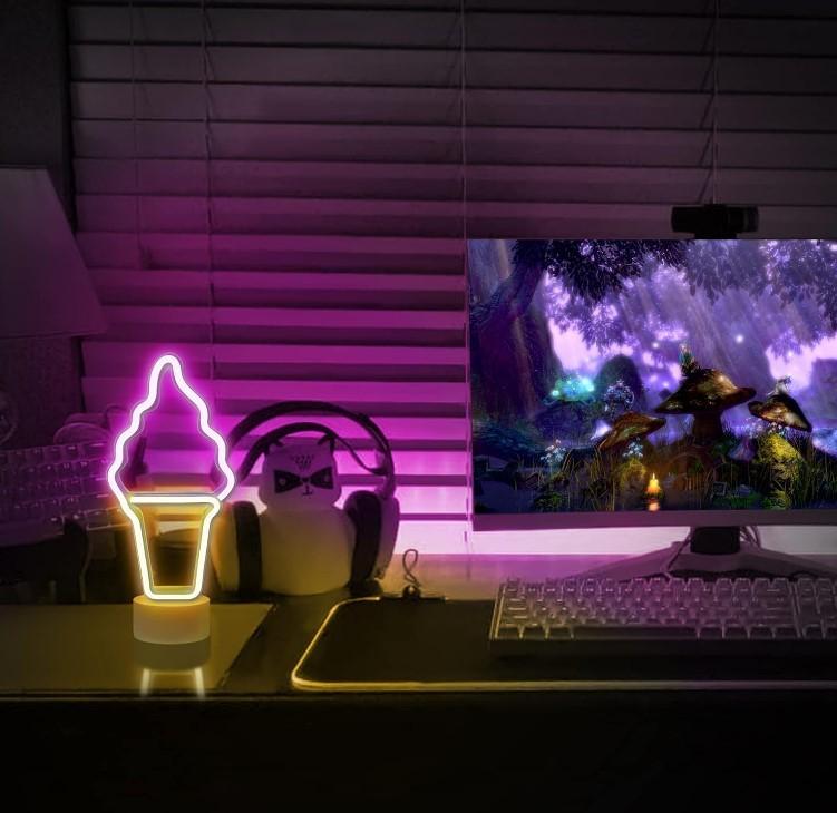 Нічник неоновий Decoration Lamp Морозиво Ріжок USB 3хАА 5 В 28x13x10 см Жовто-рожевий (13546424) - фото 3