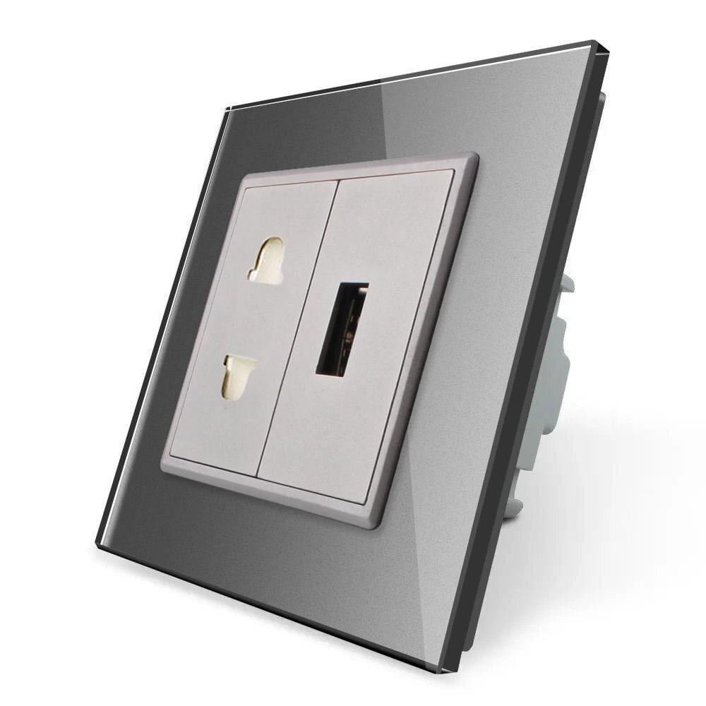 Розетка универсальная LIVOLO с USB розеткой Стеклянный-серый (VL-C7C1AUSB-15)