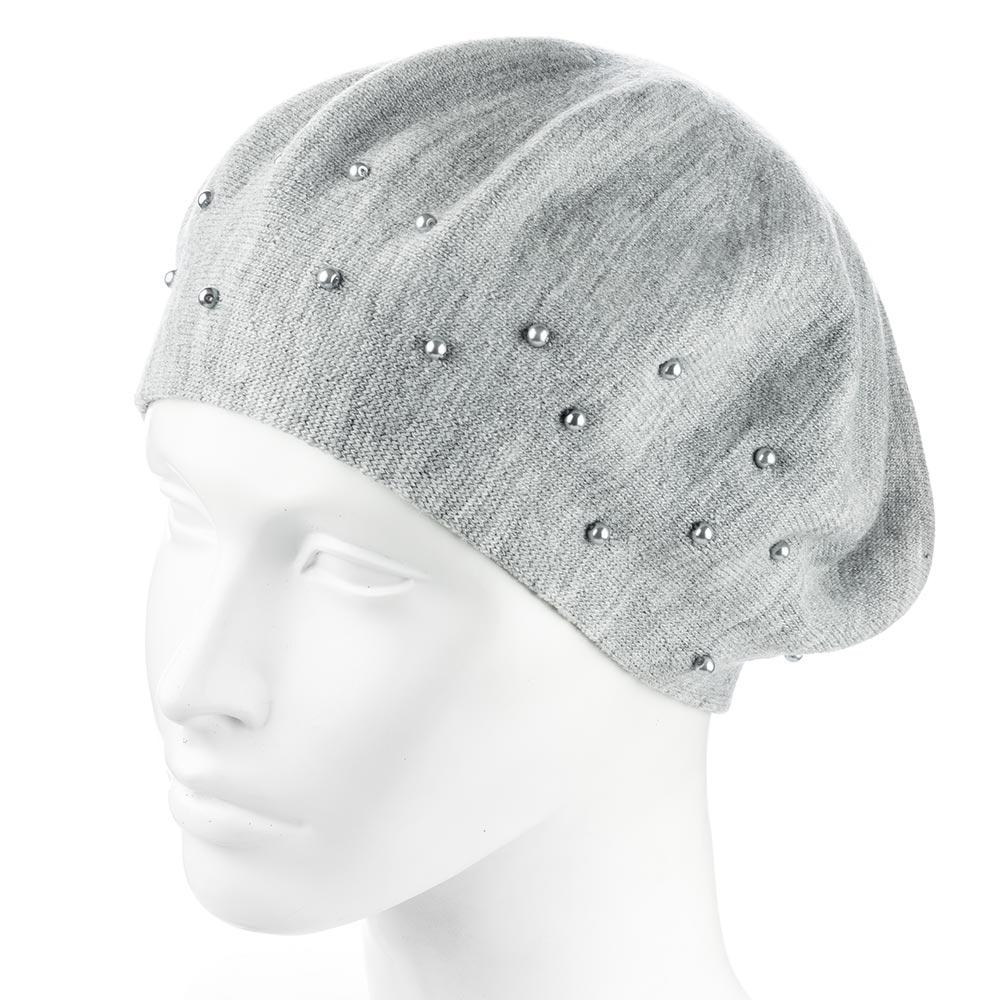 Берет женский двойной ZOLLY ZH259 с бусинами универсальный Светло-серый (290467)