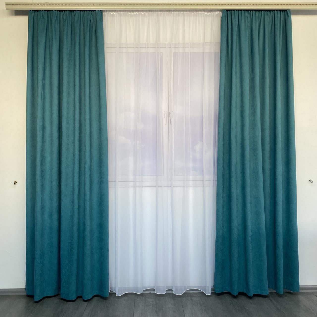Шторы готовые для зала микровелюр с тюлем однотонные на тесьме Бирюзовый