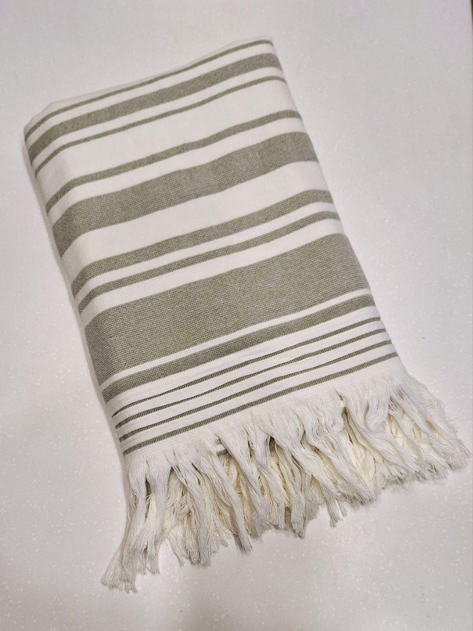 Рушник махровий пляжний Пештемаль 100х150 см Молочний/Оливковий (1079)