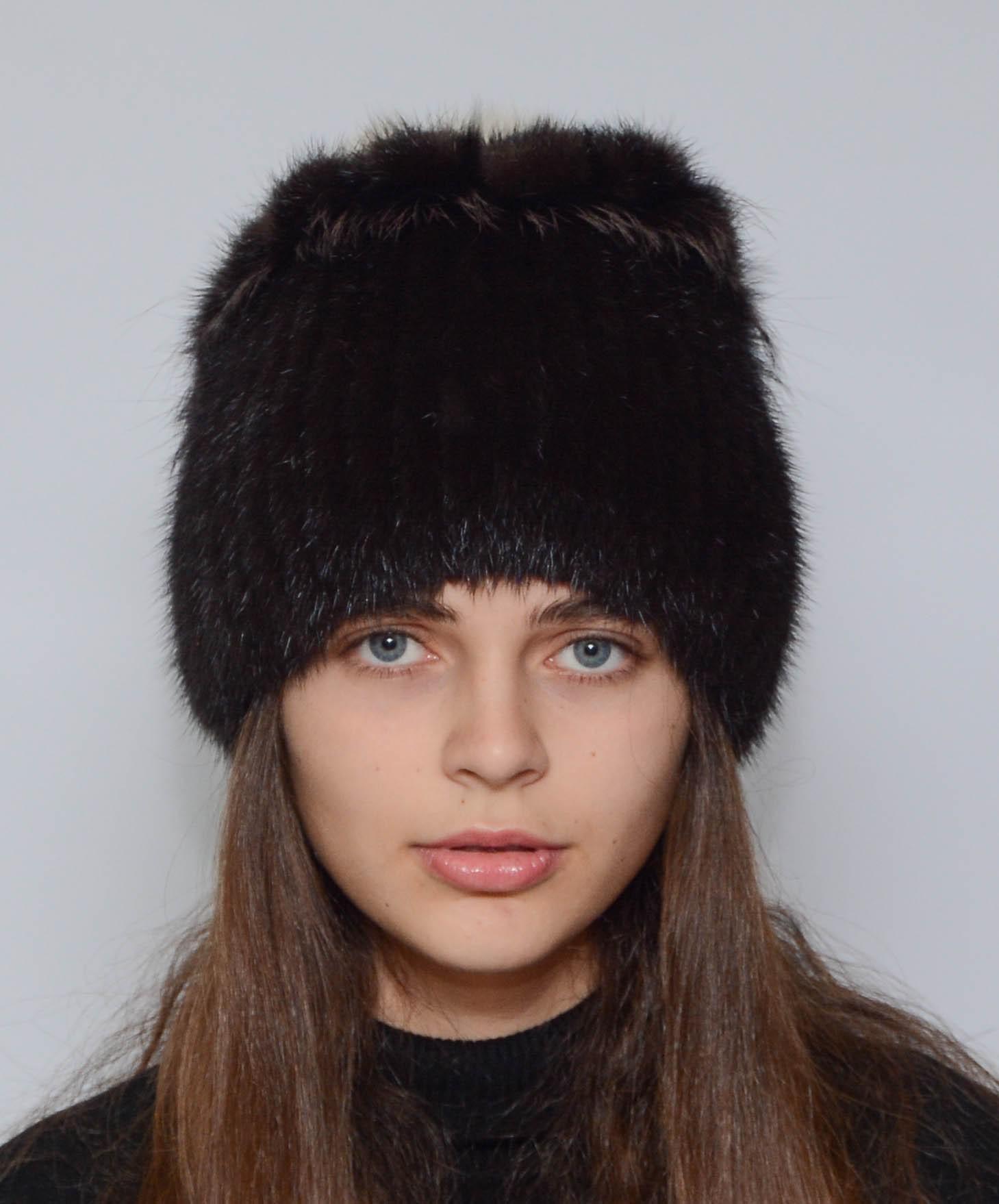 Зимова шапка із в'язаної норки Хутряний стиль Петлі натуральне хутро XL-XXL Коричневий (101/Н)