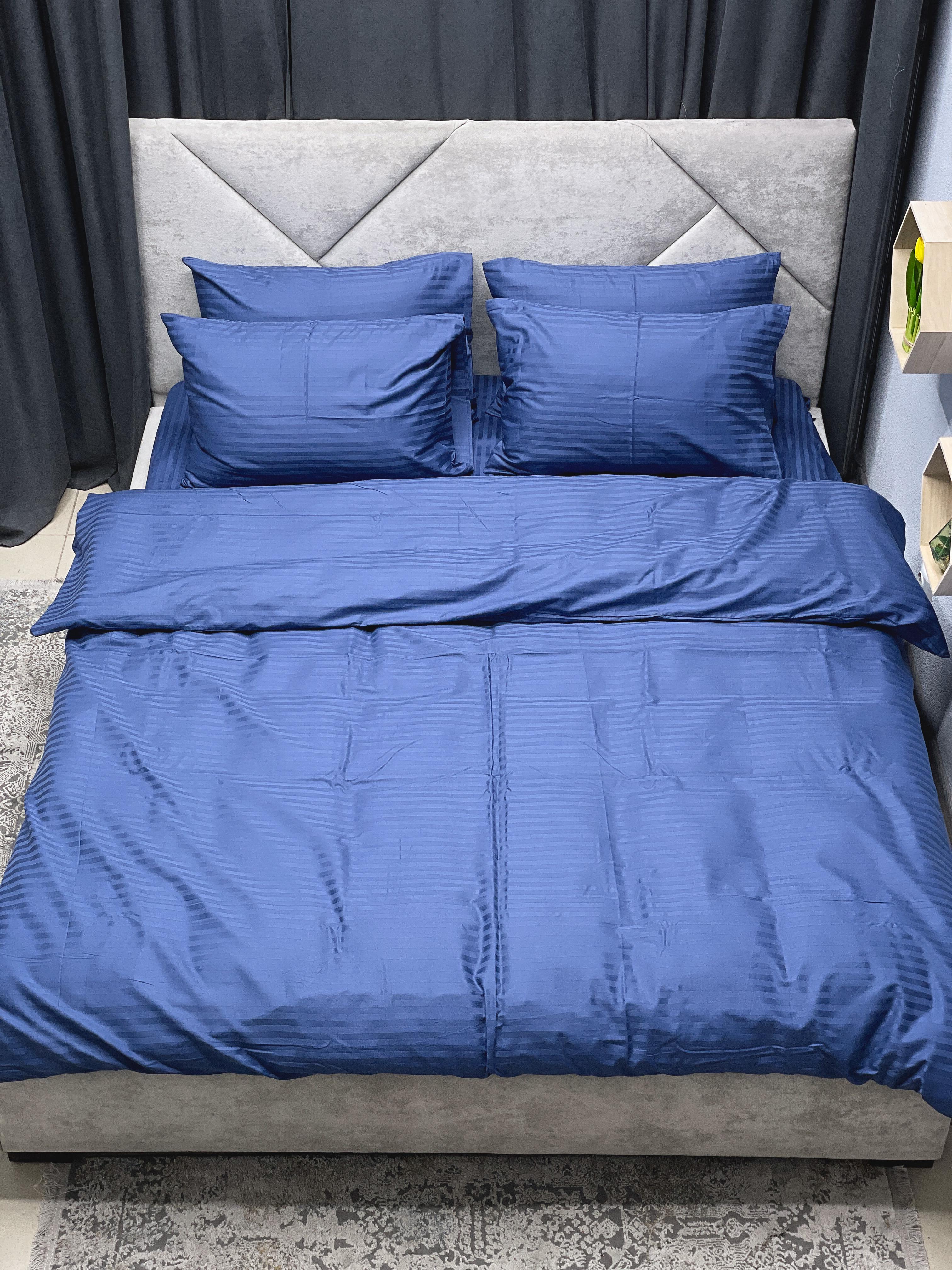 Комплект постельного белья Ego-textile 02SF страйп-сатин однотонный в полоску Синий (198481462)