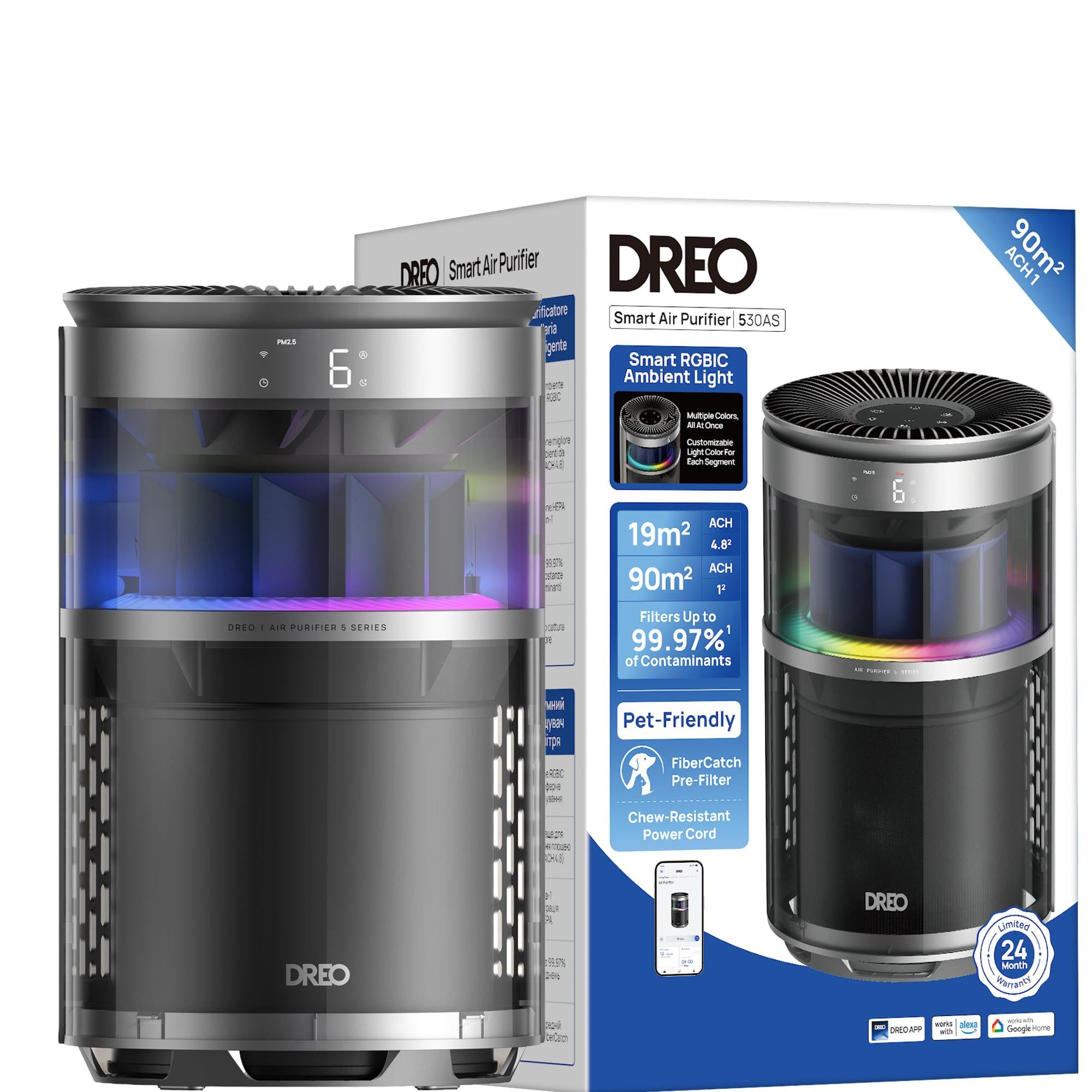 Воздухоочиститель DREO 530AS Smart Wi-Fi 221 м3/час True HEPA 3в1 PM2.5 Auto/Turbo/Sleep 18 дБ до 90 м2