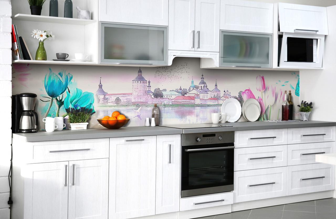 Кухонный фартук Замок у реки из самоклеющейся виниловой пленки 60х250 см Серый