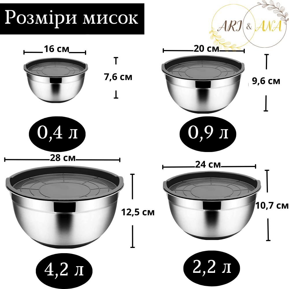 Набір мисок Ari&Ana металеві з силіконовим дном і кришкою 28/24/20/16 см 4 шт. Чорний (12970375) - фото 2