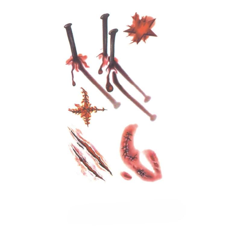 Наклейки тату для Хэллоуина Гвозди и раны 10x6 см Красно-черный (900007)