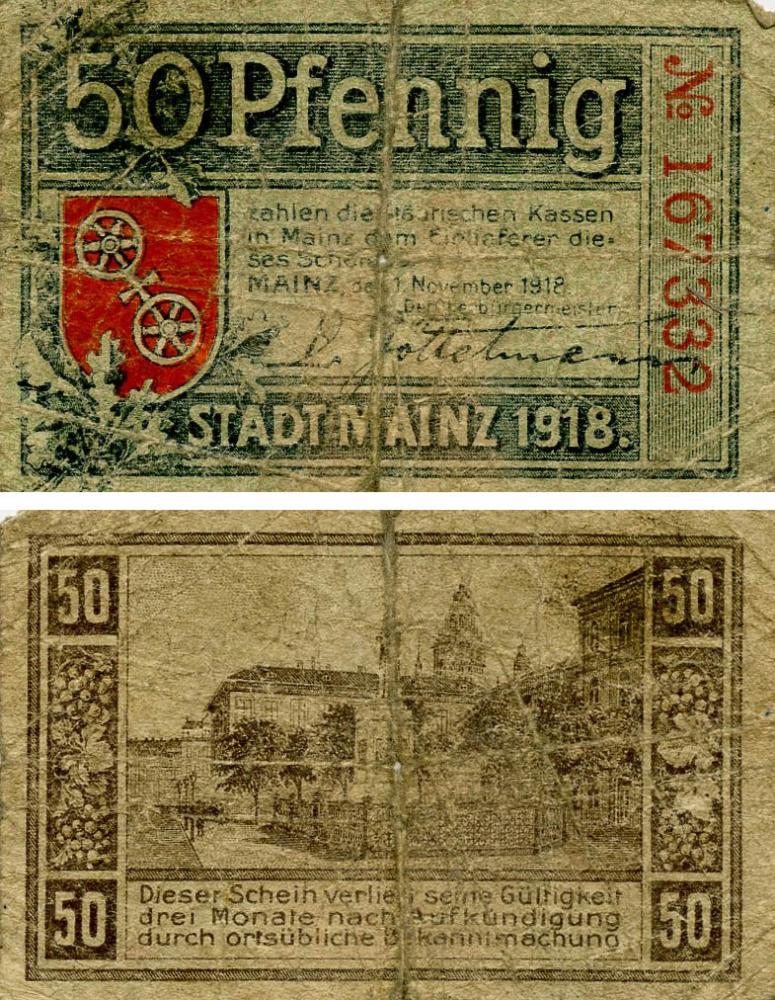 Коллекционная банкнота Германия Нотгельд 50 пфеннигов 1918 G-VG Майнц (Б18737) Коллекционная банкнота Германия Нотгельд 50 пфеннигов 1918 G-VG Майнц (Б18737)