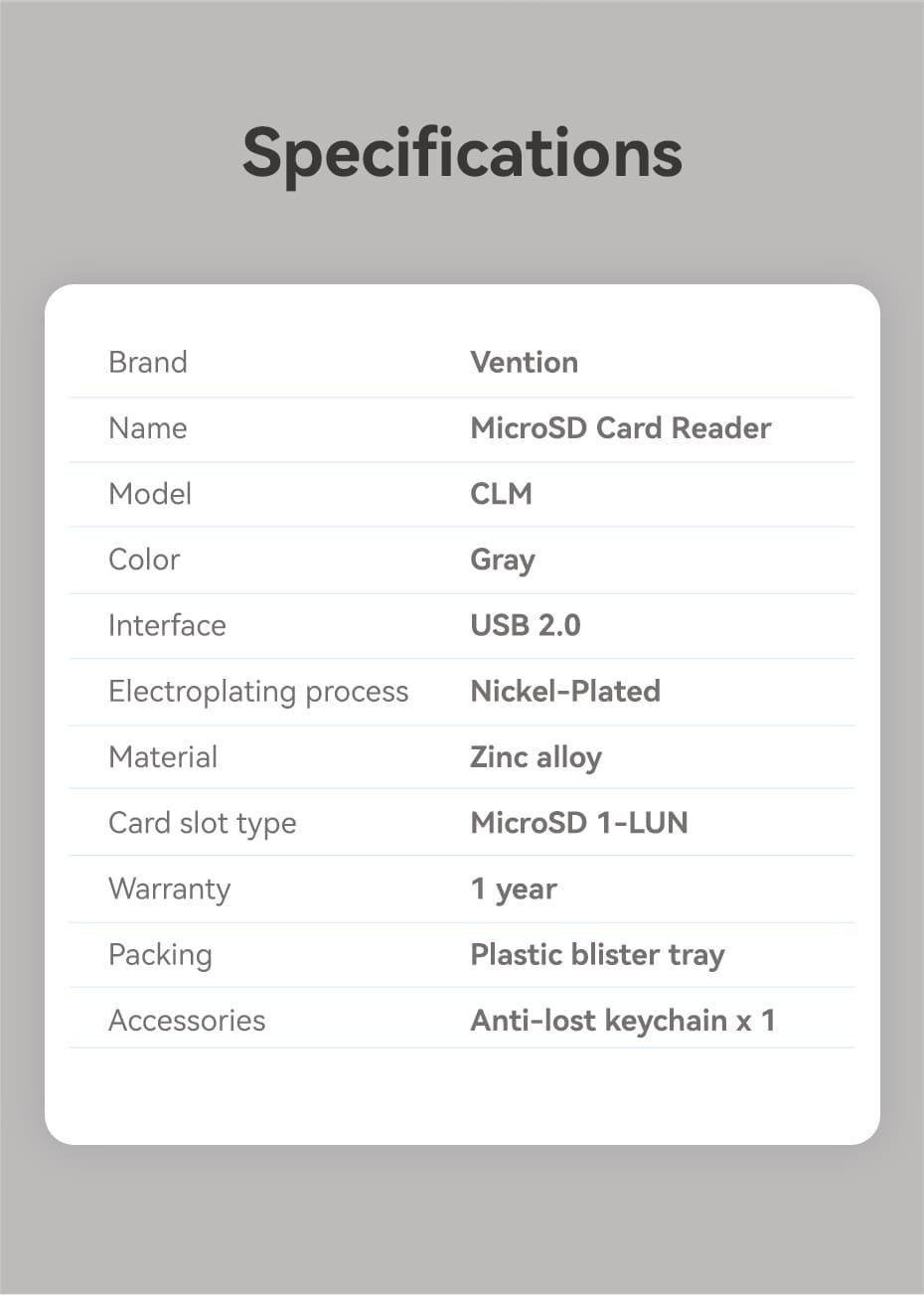 Кардридер Vention Type-C для TF Micro SD 480 Мбит/с для Чтения Карт памяти USB-C Серый (CLMH0) - фото 10