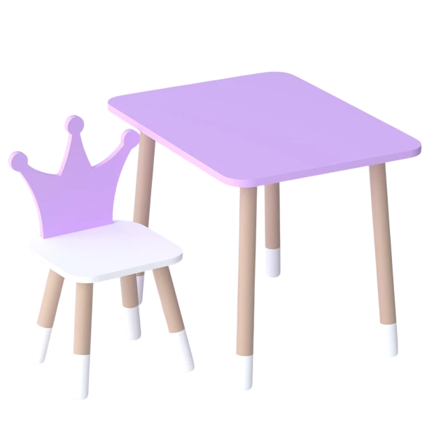Набор детский прямоугольный столик со стульчиком корона деревянный 46х60х45 см Бело-фиолетовый (150-7-240912)