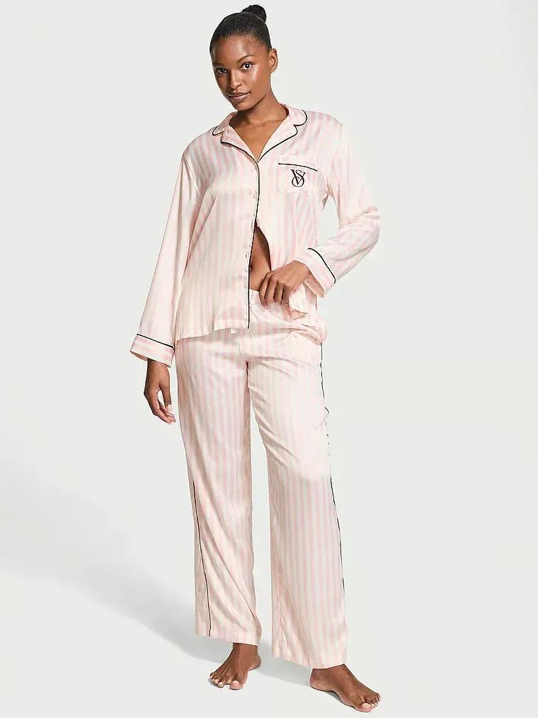 Піжама сатинова сорочка/штани Victoria's Secret Satin Long Pajama Set смужка S Рожевий (26893077)