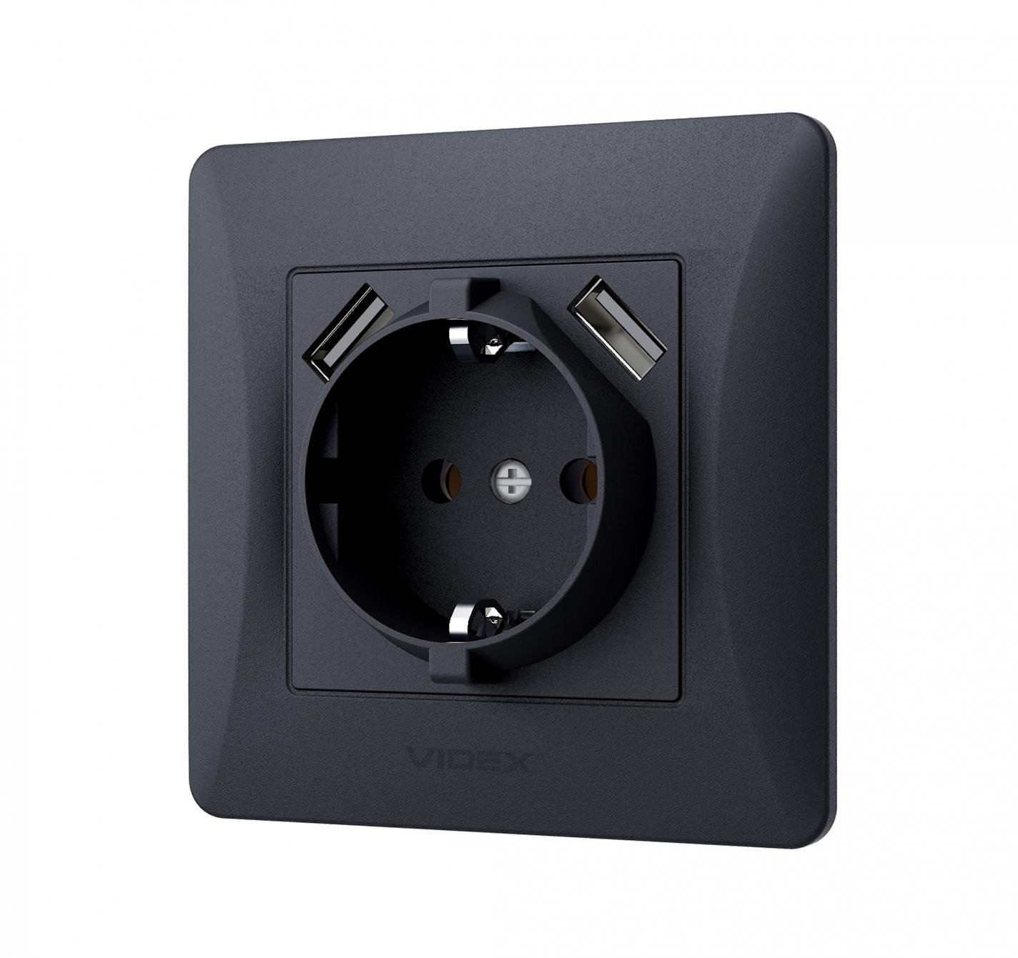Розетка одинарная с заземлением и 2USB Videx Binera Черно-графитовый (VF-BNSK1GU2-BG)