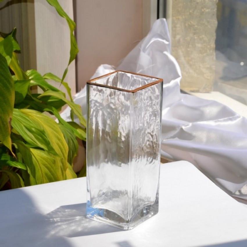 Ваза скляна прямокутна Olens 8030-189 із золотим обідком 20 см Білий лід (1746435048)
