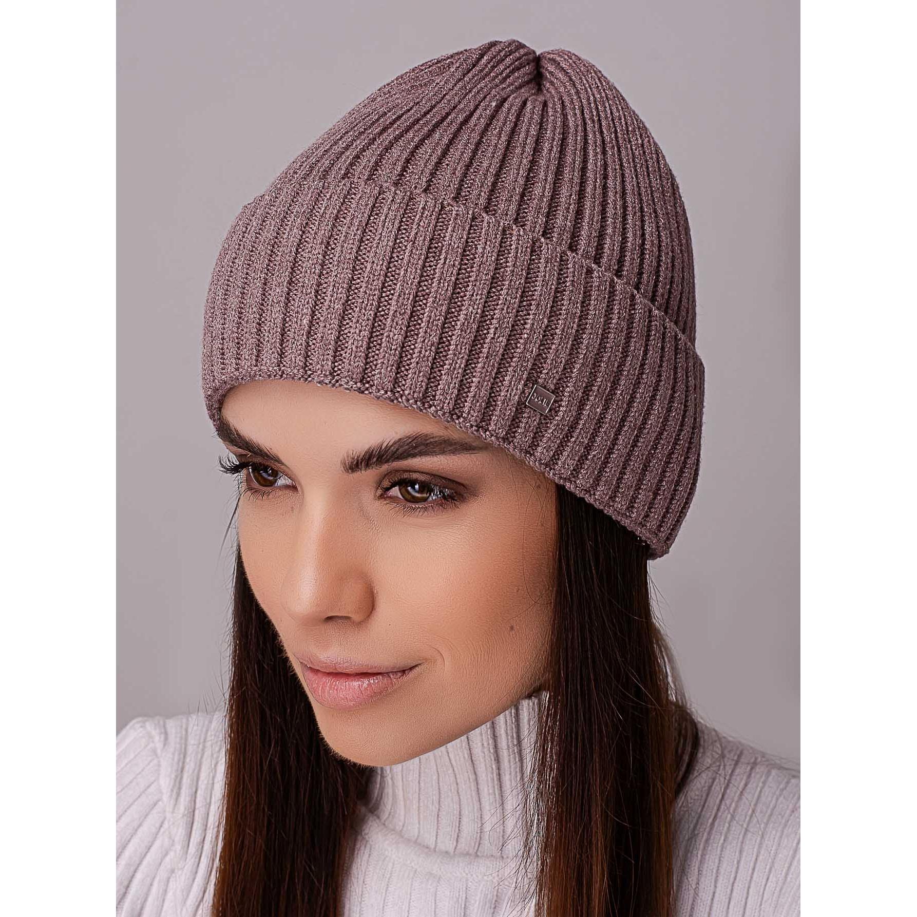 Шапка женский колпак с отворотом без подкладки в широкий рубчик Leks Ковель Какао - фото 1