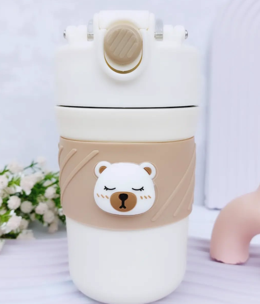Термос детский Cute Bear с трубочкой нержавеющая сталь 420 мл Бежево-коричневый (2783233363)