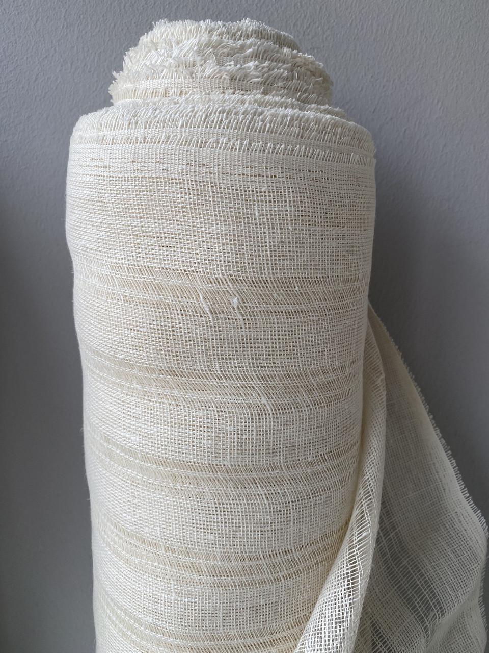 Ткань льняная Linen Plus в полоску для занавесок марля Молочный 2/0