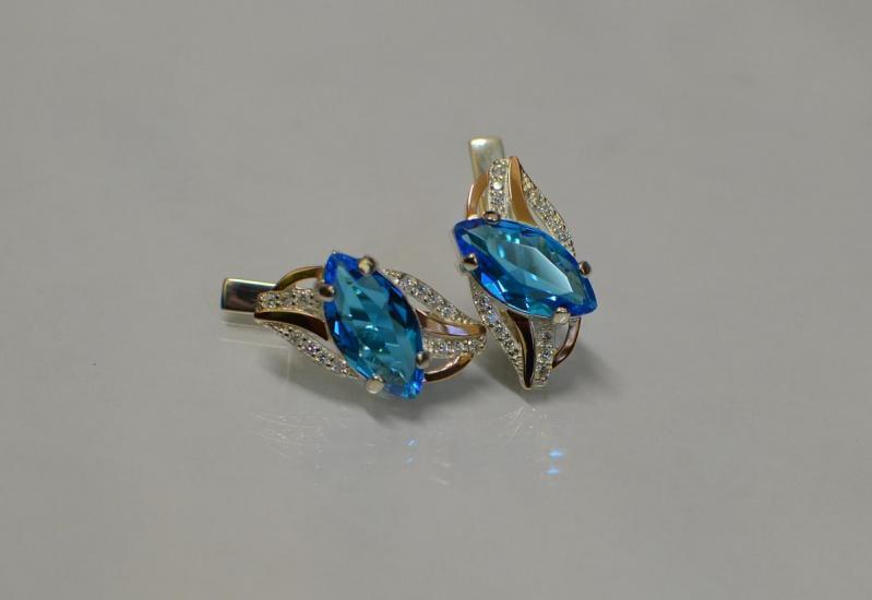 Серебряные серьги Sil с золотыми пластинами 114s-4 Аквамарин (Sil-836)
