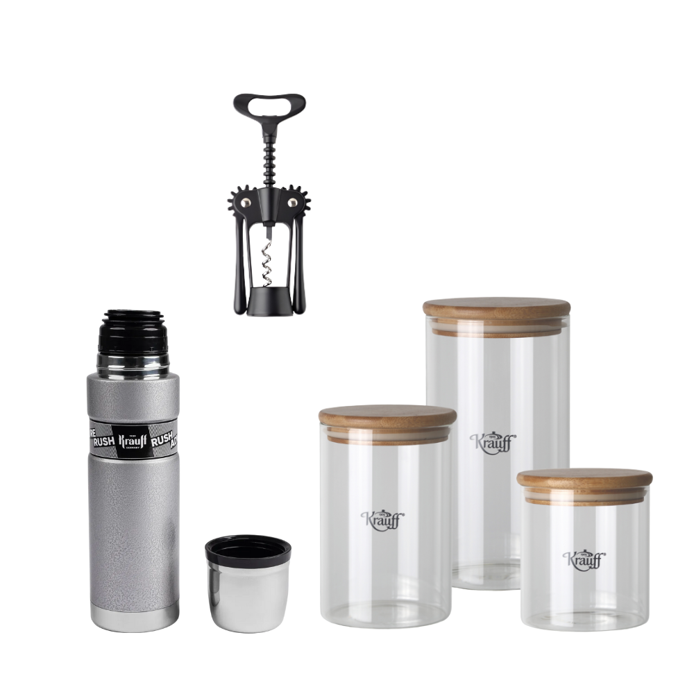 Набір банок для сипучих Krauff Grutze з ємністю для спецій Gastroline та штопором Dunkel (55-333-598)