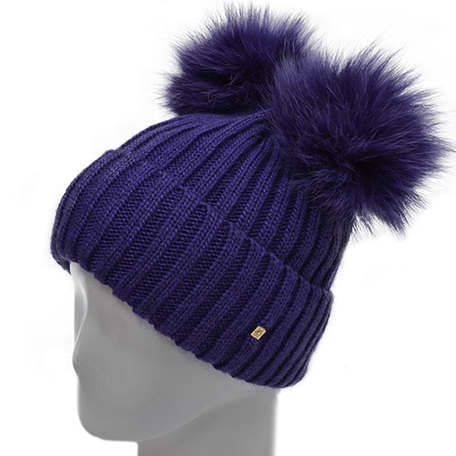 Шапка молодіжна Lirus Пума з двома песцовими бубонами на флісовій підкладці one size Фіолетовий (65846)