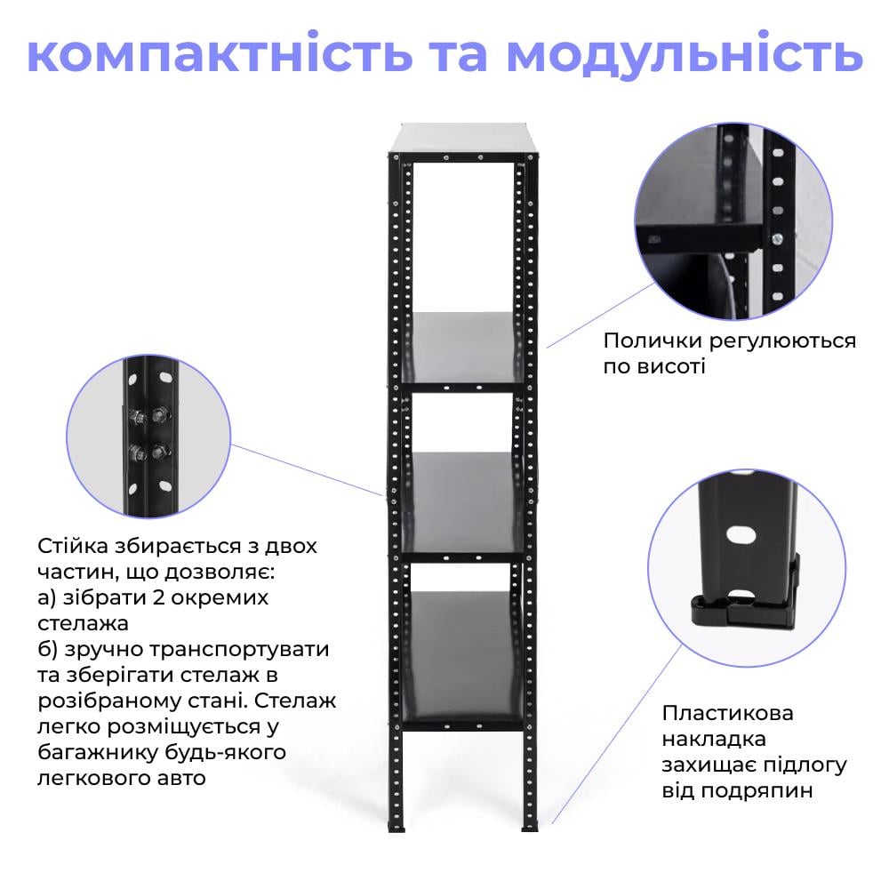 Стеллаж металлический 1500х750х300 мм на 4 полки Черный (378889) - фото 3
