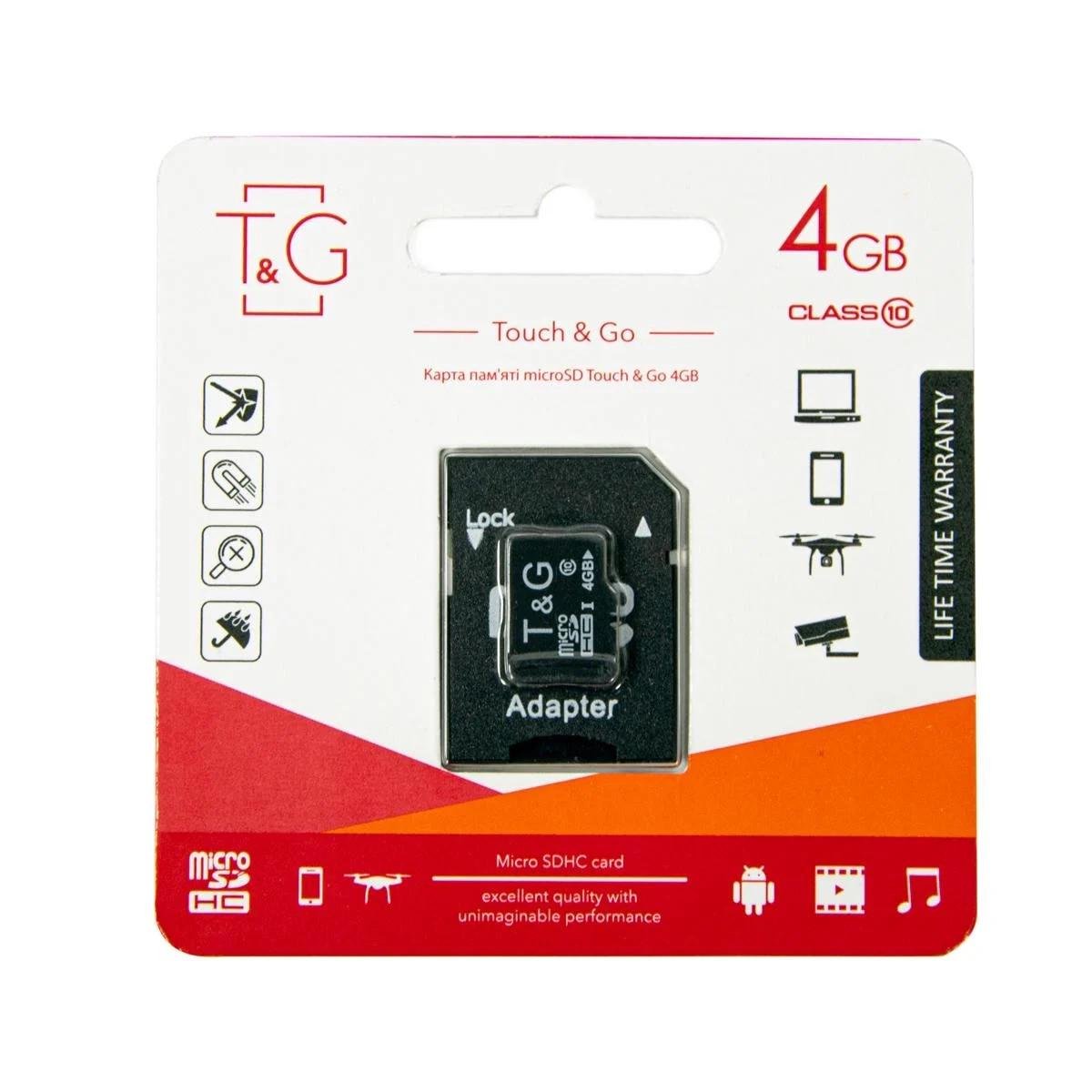 Карта памяти T&G microSDHC 4 GB Class 10+адаптер для видеорегистраторов (2554694667)