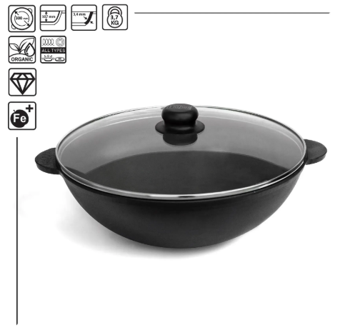 Сковорода чугунная Brizoll WOK со стеклянной крышкой 4,7 л (W30-6) - фото 5 Сковорода чугунная Brizoll WOK со стеклянной крышкой 4,7 л (W30-6) - фото 5