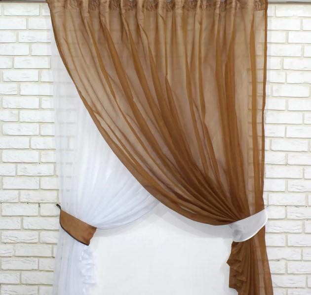 Комплект штор для кухни шифон 270х170 см Белый/Коричневый (076к)