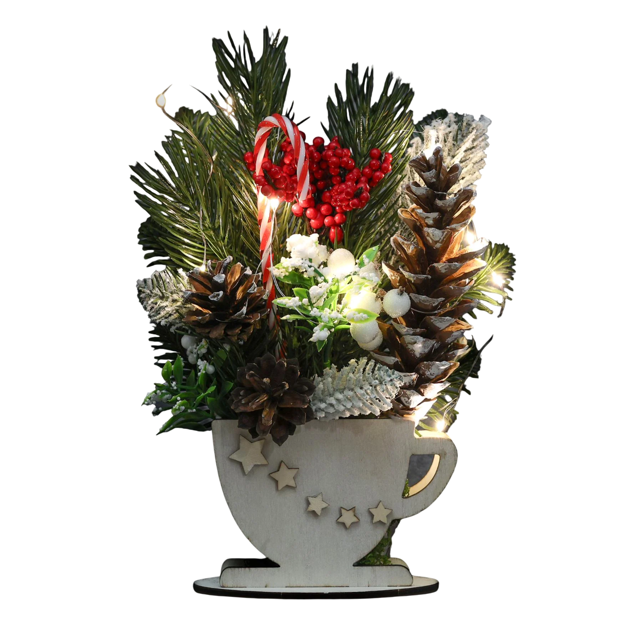 Композиция новогодняя GALA DECOR в деревянной чашке с шишками/хвоей/ягодами и лед подсветкой 25 см (К2515Л)