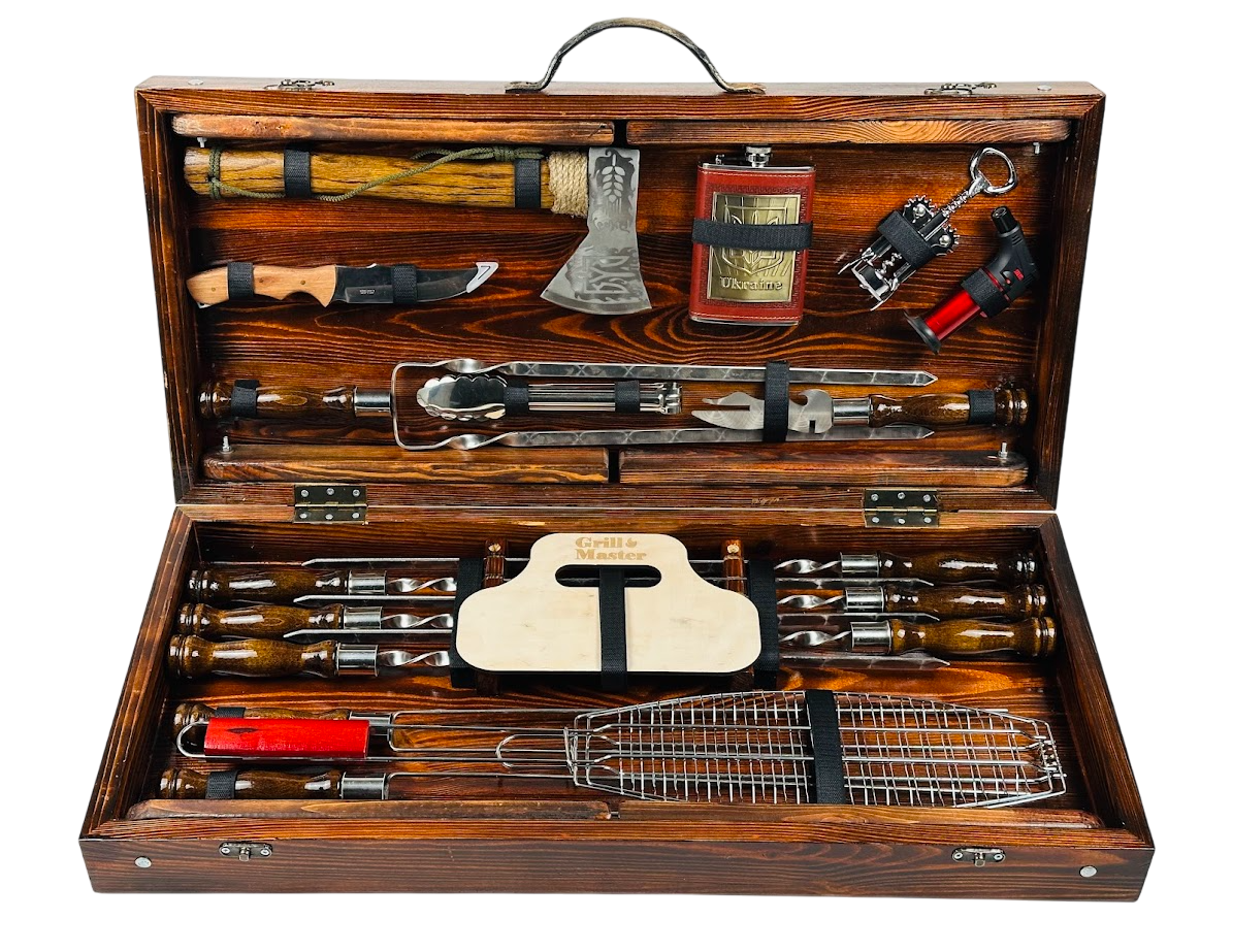 Набор шампуров ручной работы Гетман с аксессуарами и столом-трансформером 18 предметов 75х35х13 см. Коричневый (124-10-KS-7303)