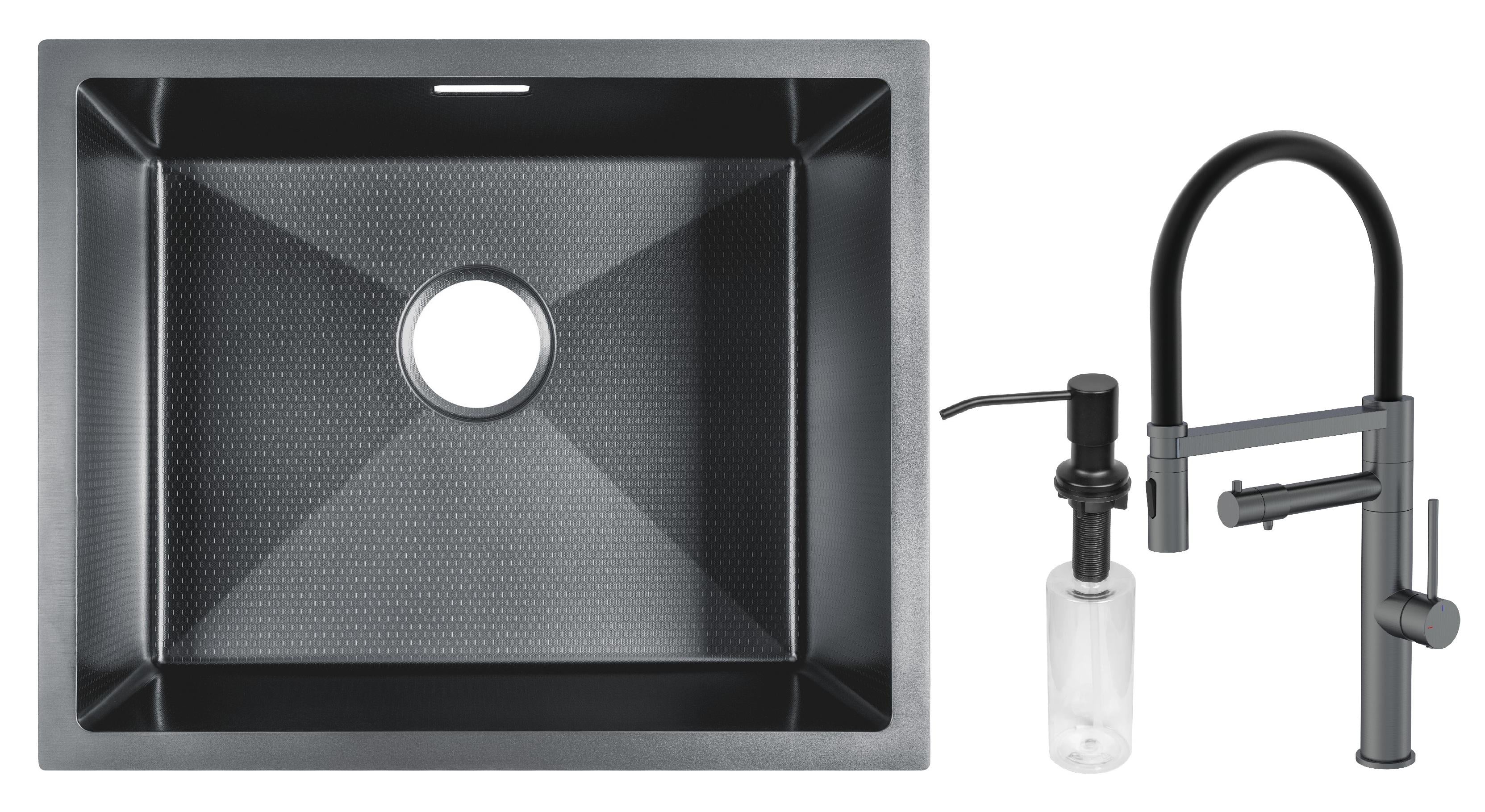 Мойка для кухни Gunter&Hauer Ruwer 5522 Black Honey с кухонным смесителем Gunter&Hauer RITTER Gun Metal/дозатором SOAP DISPENSER Black (71607)