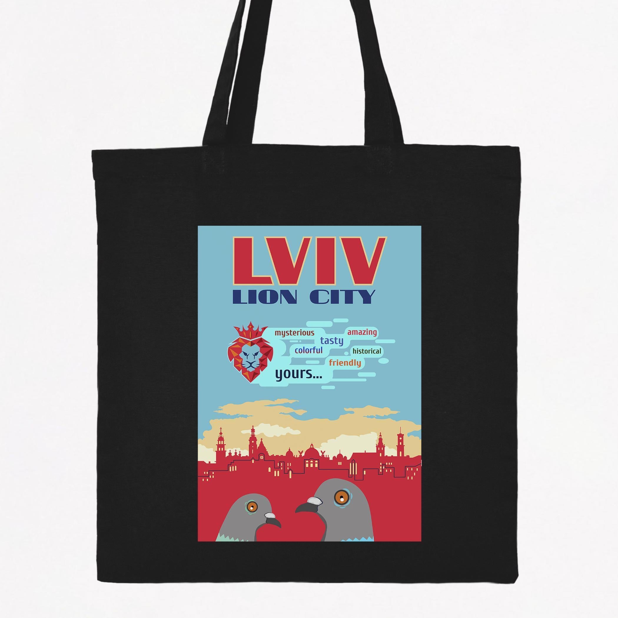Экосумка-шопер Малюнки с принтом "Львів-Lion City" 38х40 см Черный (SHLS03)
