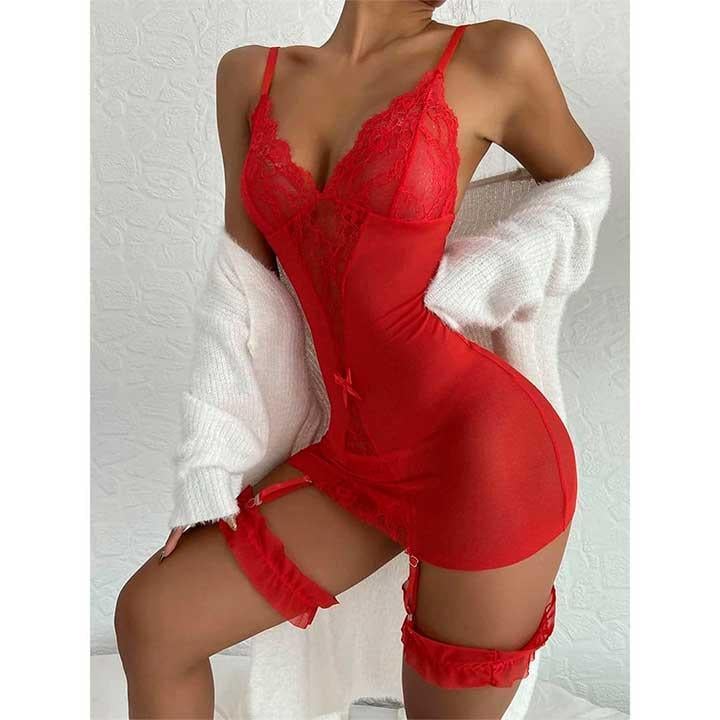 Пеньюар короткий з підв'язками для панчіх XS-S Червоний (K1052-2) - фото 3