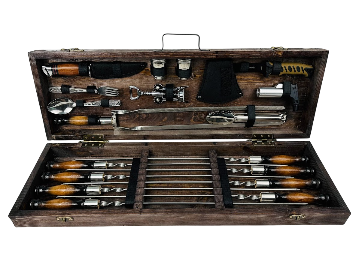 Набор шампуров Гриль с аксессуарами для пикника 32 предмета в деревянном кейсе 74х24х10 см Коричневый (124-10-KS-7601)