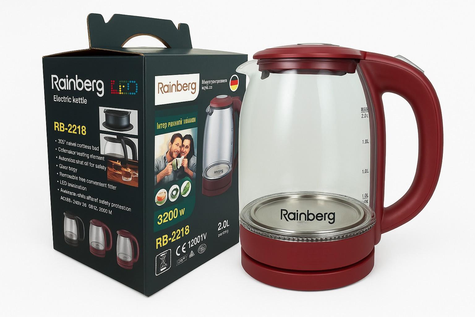 Електрочайник дисковий Rainberg RB-2218 скляний 3200 Вт 2 л Червоний (ML-04612)