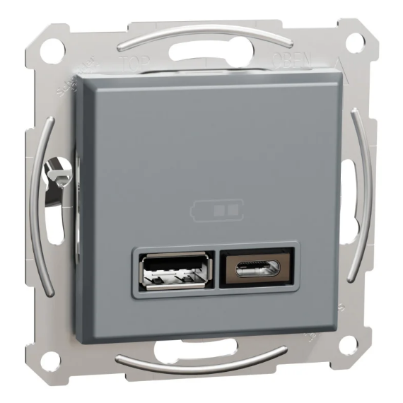 Розетка Schneider Asfora Electric USB 2.0 DC 5V max 2.1 A+С сталь (28426596)