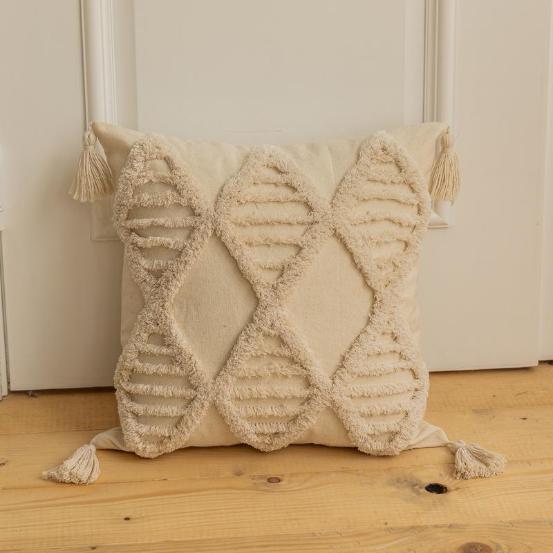 Подушка декоративная хлопок с эффектным объемным узором квадратная с кисточками 45х45 см Кремовый (60053)