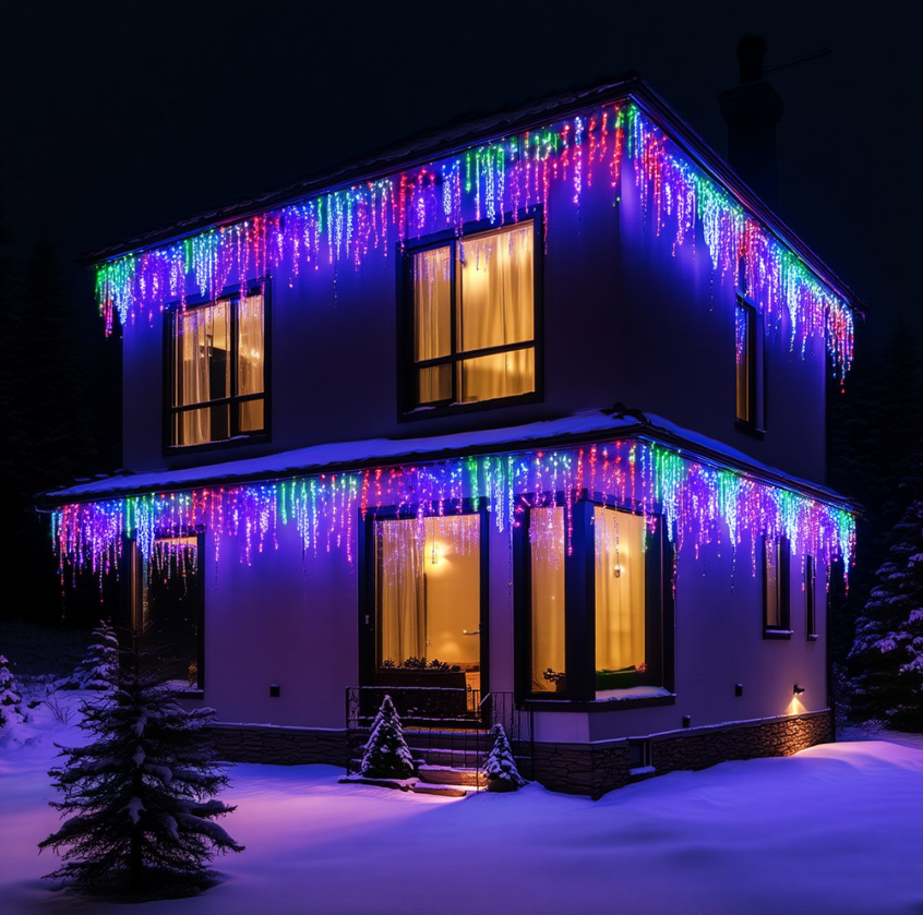 Гірлянда бахрома вулична 405 LED 25 м від мережі чорна нитка Різнокольорова - фото 1 Гірлянда бахрома вулична 405 LED 25 м від мережі чорна нитка Різнокольорова - фото 1