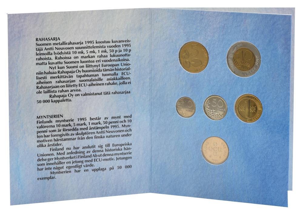 Коллекционные монеты Финляндия 6 шт. 1995 AU-UNC 10/50 пенни/1/5/10 марок в сувенирной упаковке (М23091)