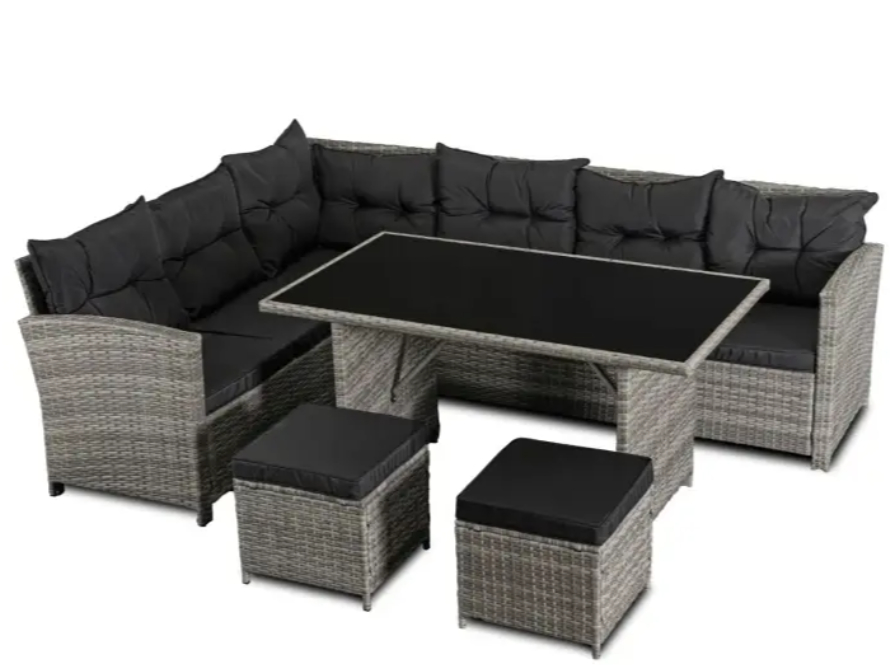 Набор садовой мебели Mebel Elit DALLAS угловой диван/стол/2 пуфа для террасы и сада Серый/Черный (ME.DALLAS/JP/RT/OGR/ZES)