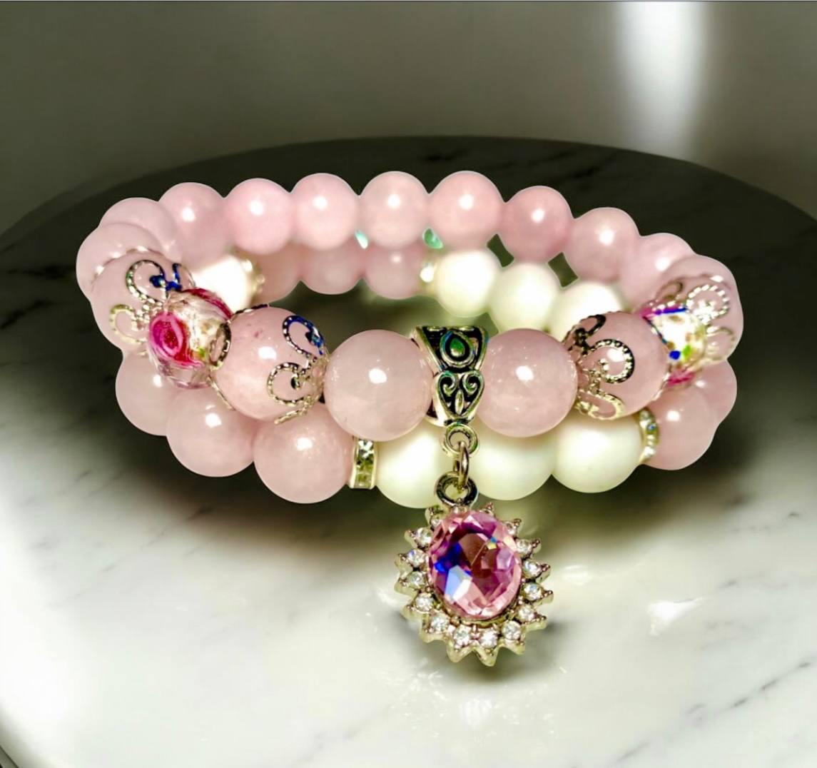 Браслеты LITAURS набор из натурального камня кварц/агат d 10 мм с подвеской и вставками муранское стекло L 18-21 см 2 шт. (250903-1)