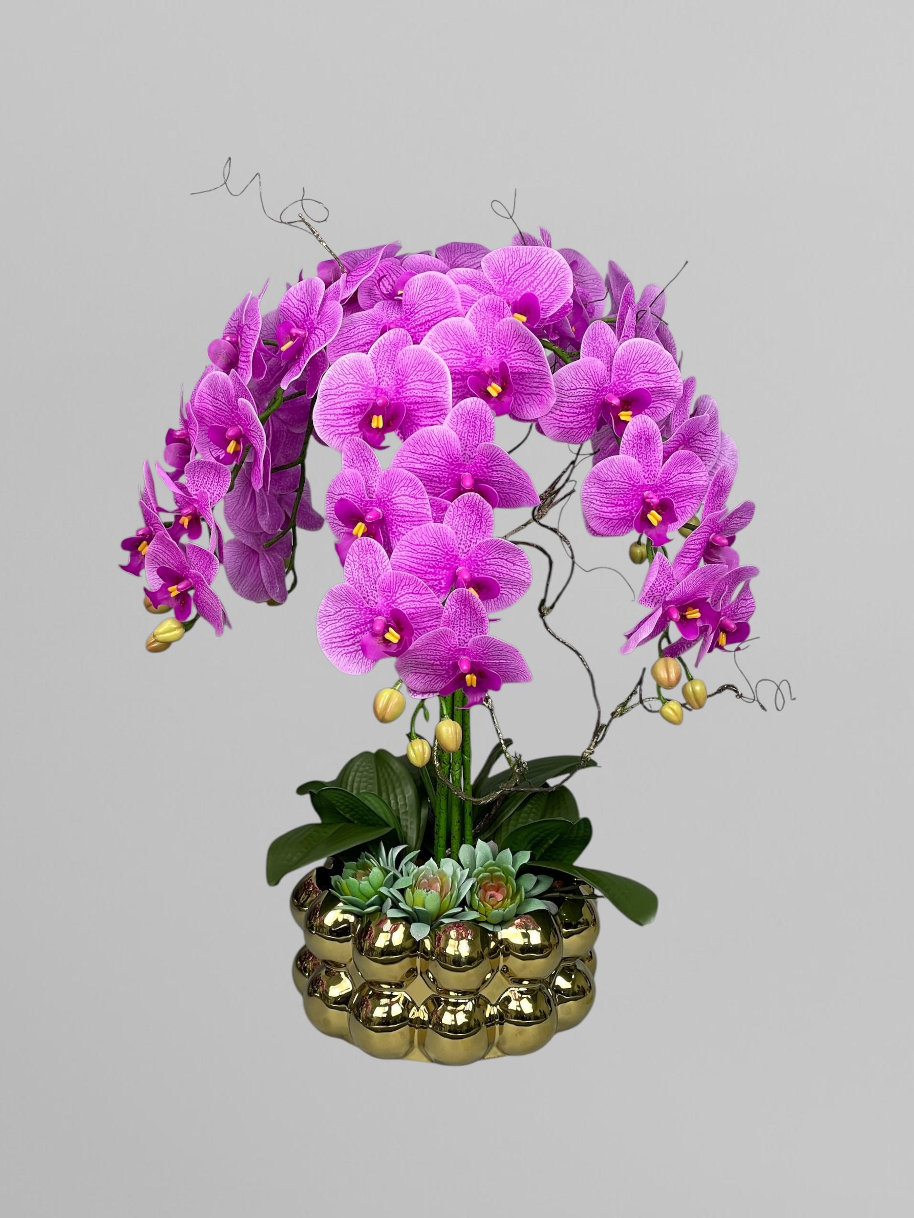 Композиция из искусственных орхидей из латекса Premium 5 веточек в золотом керамическом кашпо Бабл Фуксия (А108)