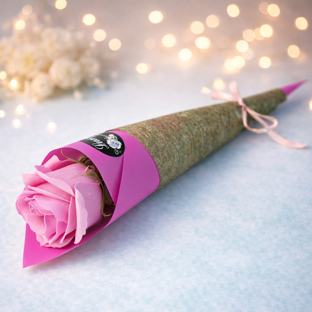 Троянда на ніжці мильна в упаковці-конусі 1 шт. Рожевий