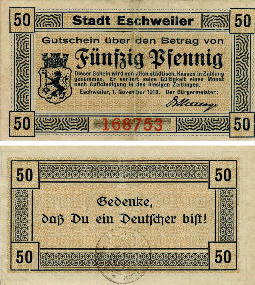 Коллекционная банкнота Германия Нотгельд 50 пфеннигов 1918 F-VF Эшвайлер (Б18704)