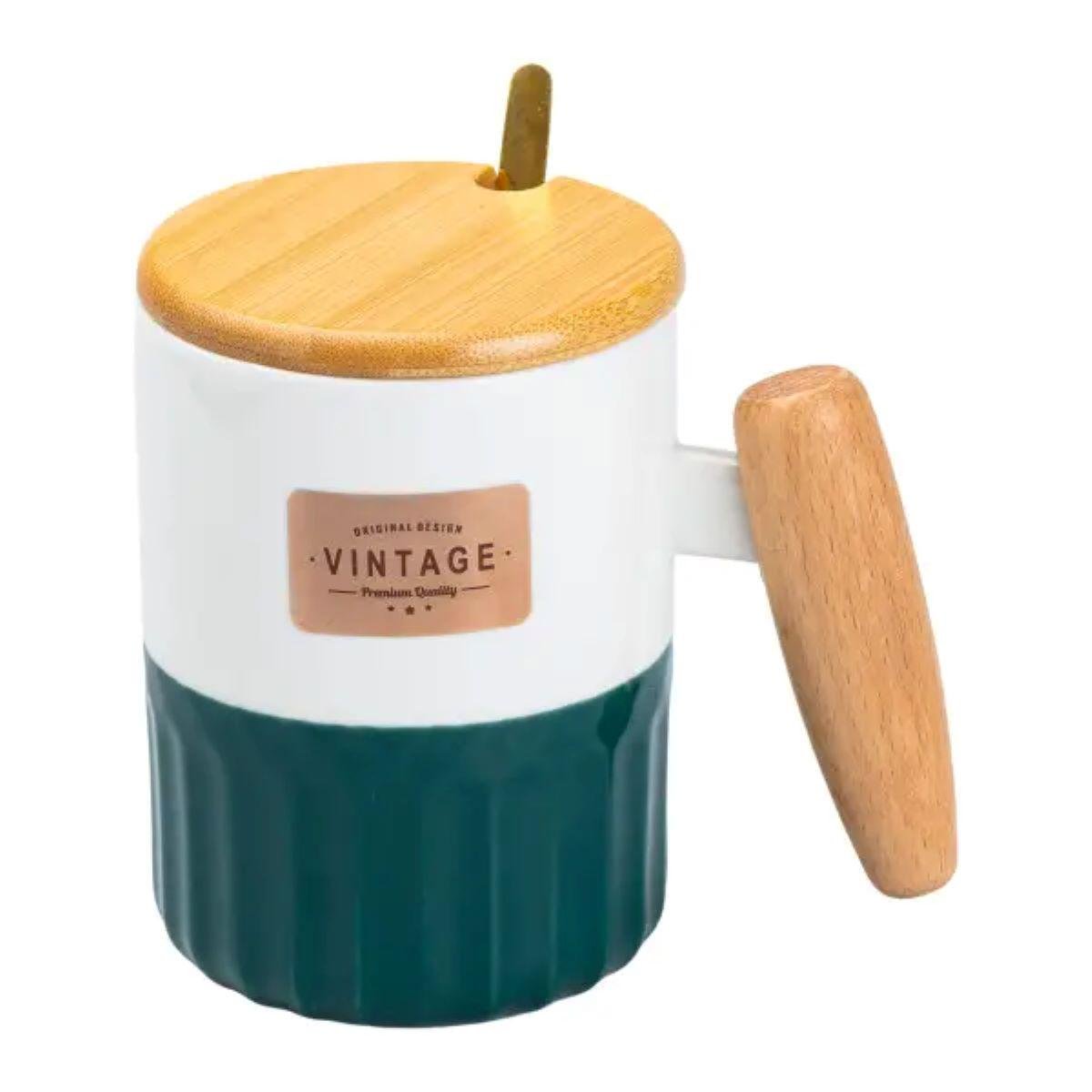 Чашка керамическая Light House с бамбуковой крышкой и ложкой 400 мл Зеленый (LG-20143)