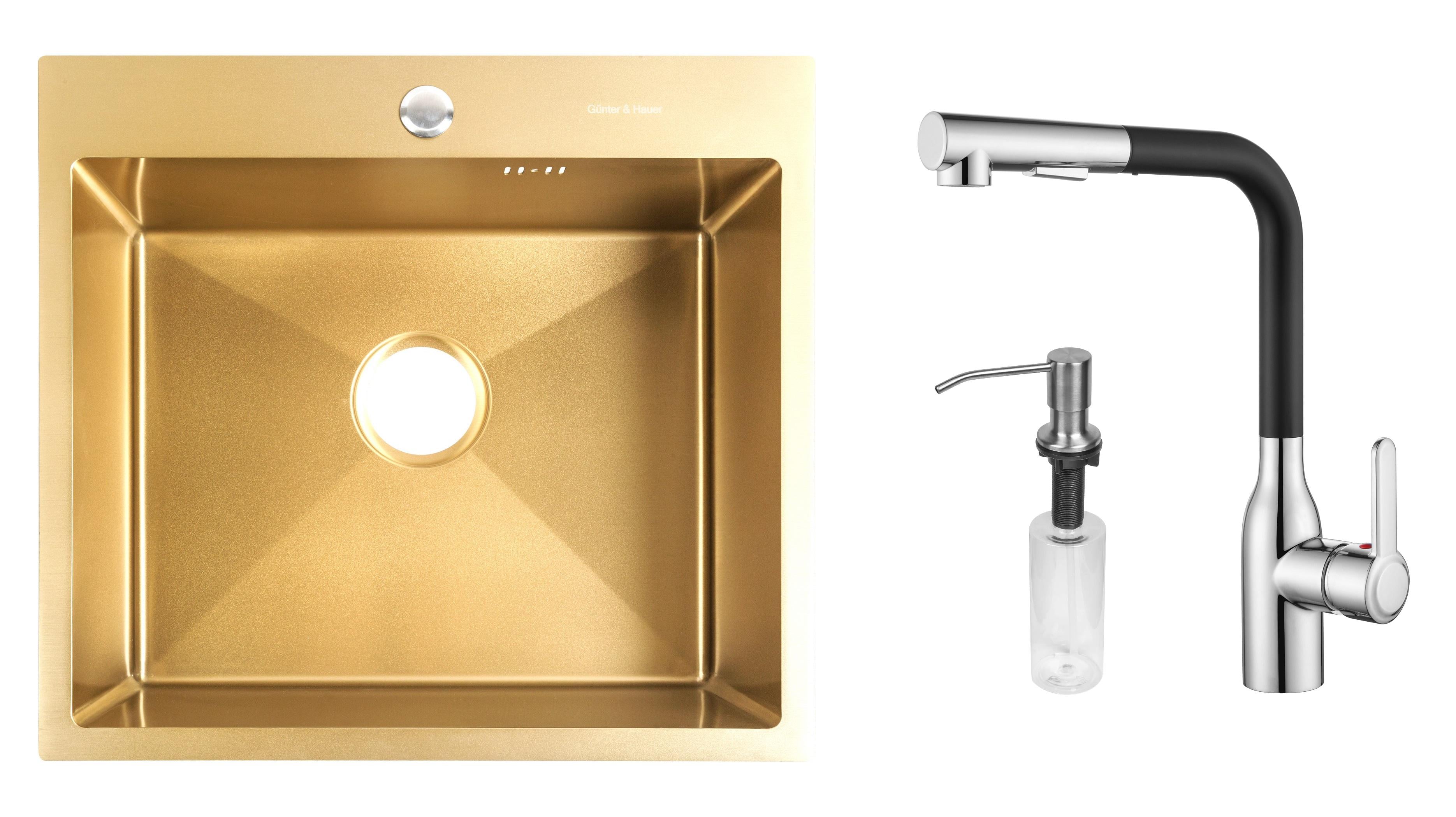 Комплект из кухонной мойки Gunter&Hauer Mindel 5522 Gold кухонного смесителя Gunter&Hauer DUNKEL Cr-Bl и дозатора Gunter&Hauer SOAP DISPENSER Inox