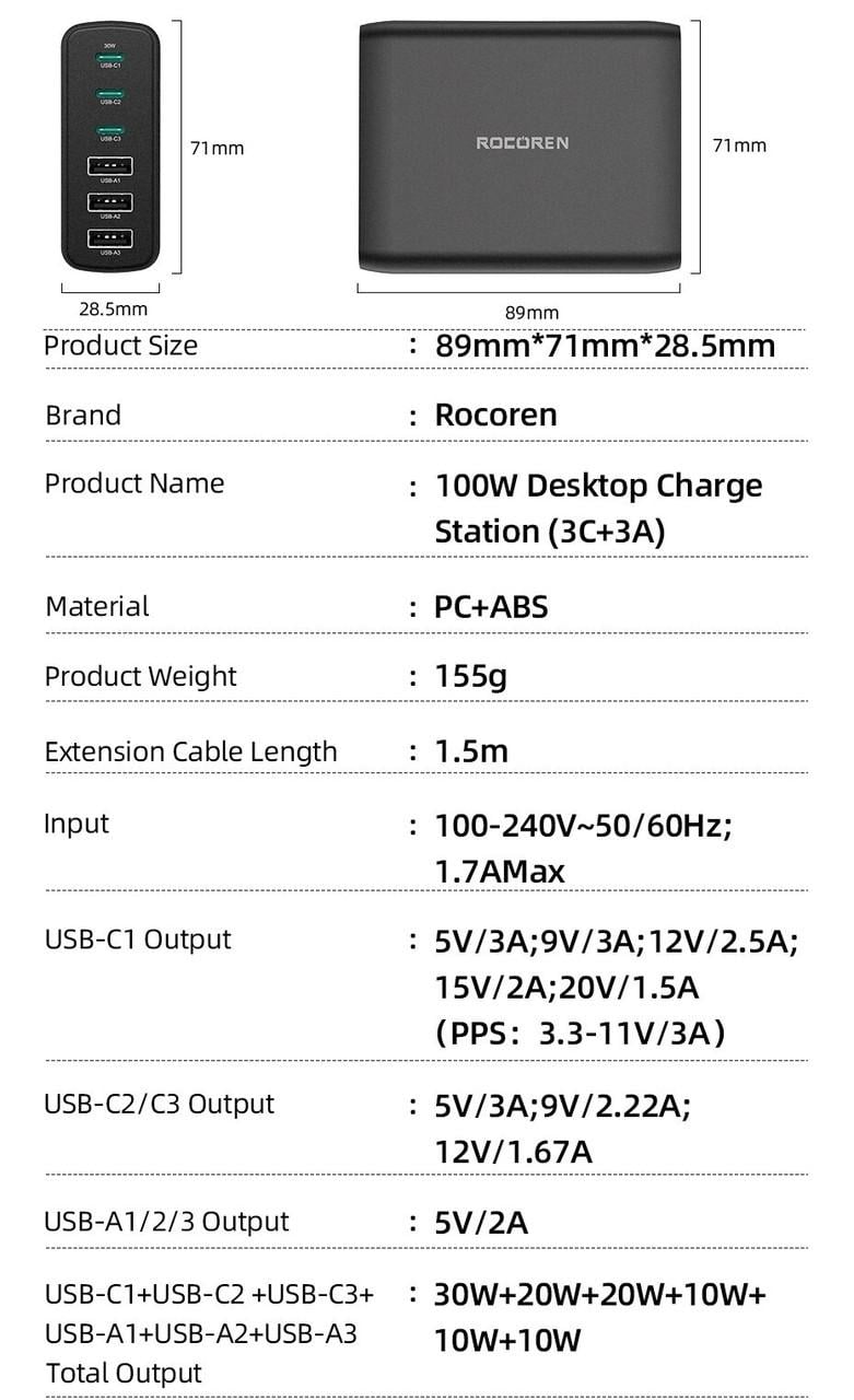 Зарядний пристрій мережевий Rocoren Gan Desktop Charger 100w 3 Type-C/3 USB PD 30w (25397440) - фото 8 Зарядний пристрій мережевий Rocoren Gan Desktop Charger 100w 3 Type-C/3 USB PD 30w (25397440) - фото 8