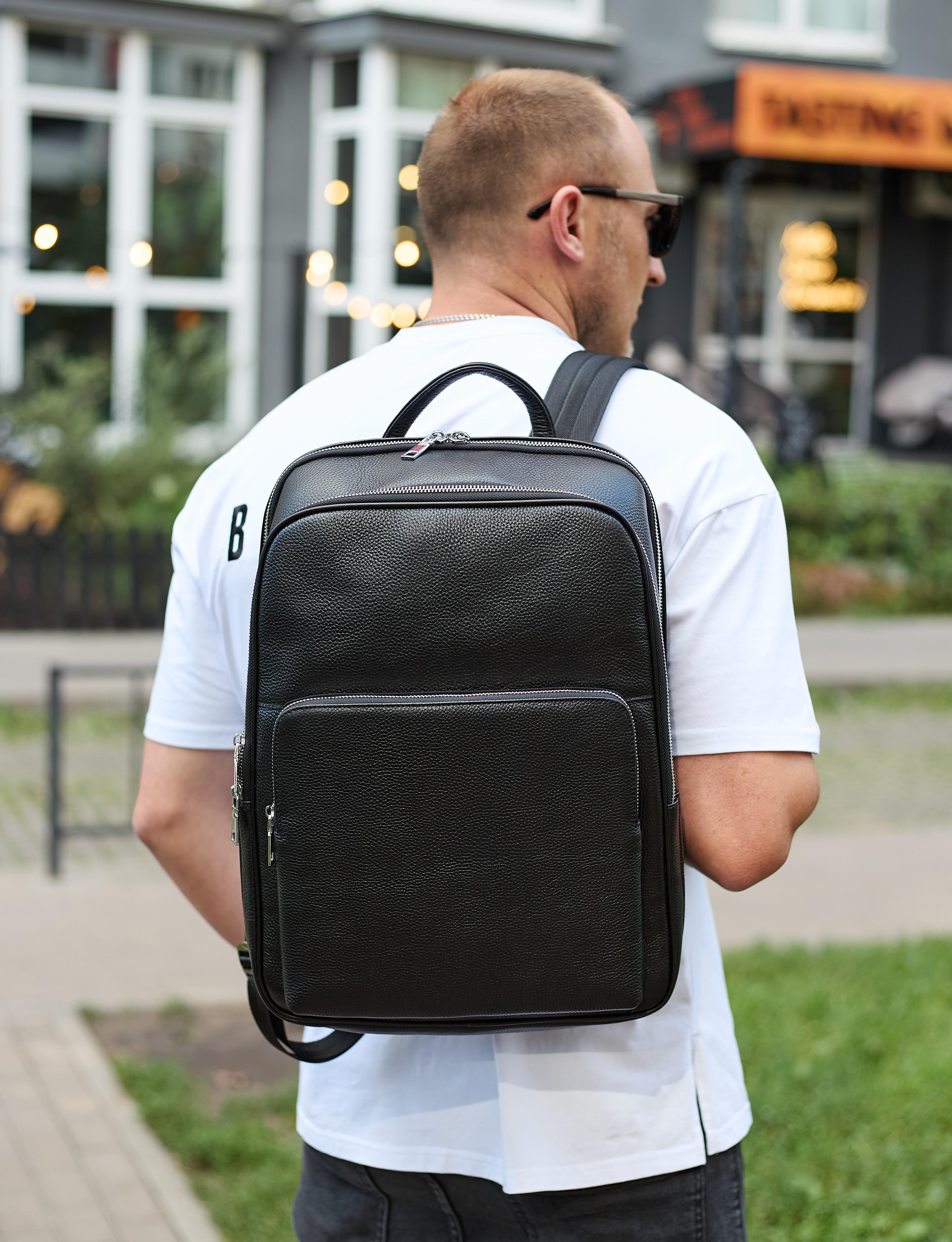 Городской рюкзак мужской кожаный Tiding Bag 42х30х16 см Черный