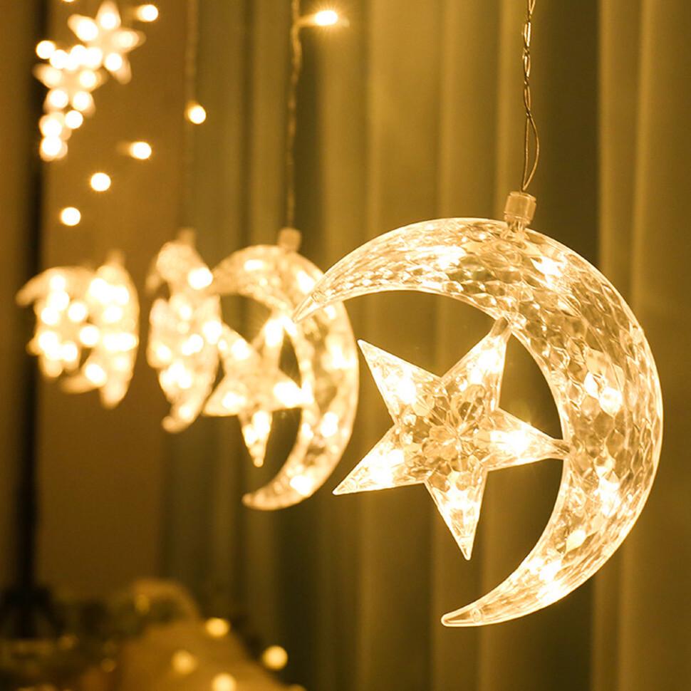Гирлянда занавес Звездочки и луна 2,5х0,8 м Теплый белый (1506664436)
