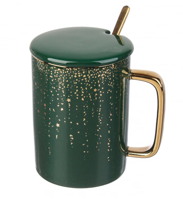 Чашка керамическая Green&Gold 380 мл с ложечкой и крышечкой